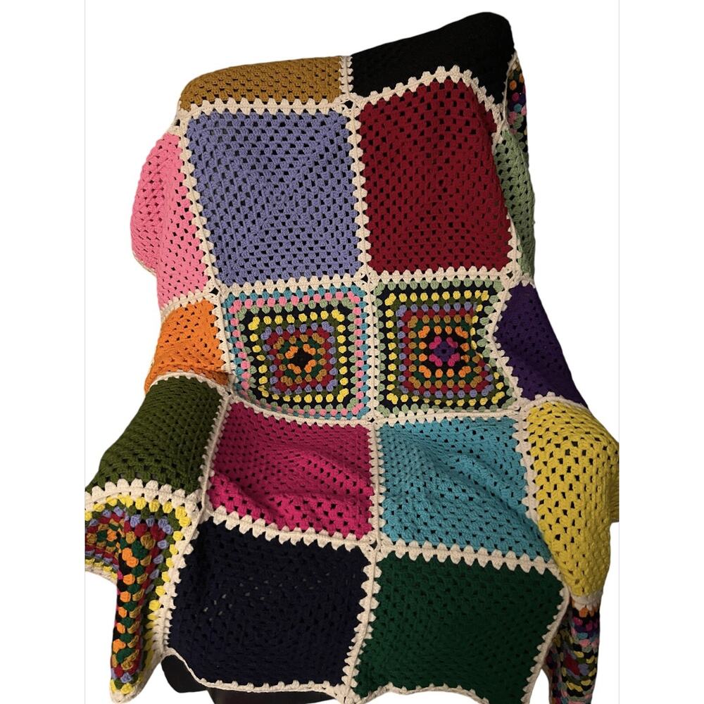 Vtg Crochet Granny Square Roseanne Blanket MultiColored Afghan Throw 66" X 51" - Picture 2 of 11